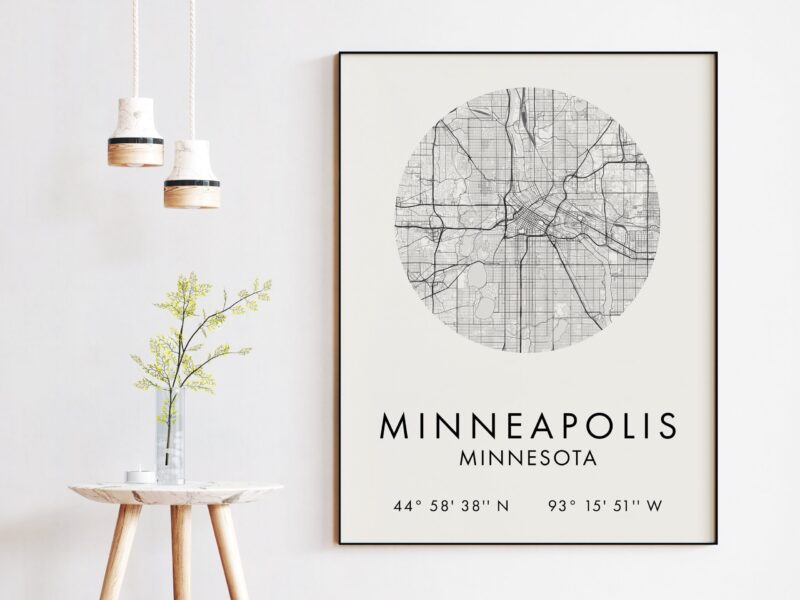 Minneapolis, Minnesota City Street Map with GPS Coordinates Art Print - Office - Home Decor - Restaurant - Apartment - Condo - Typography - Image 3