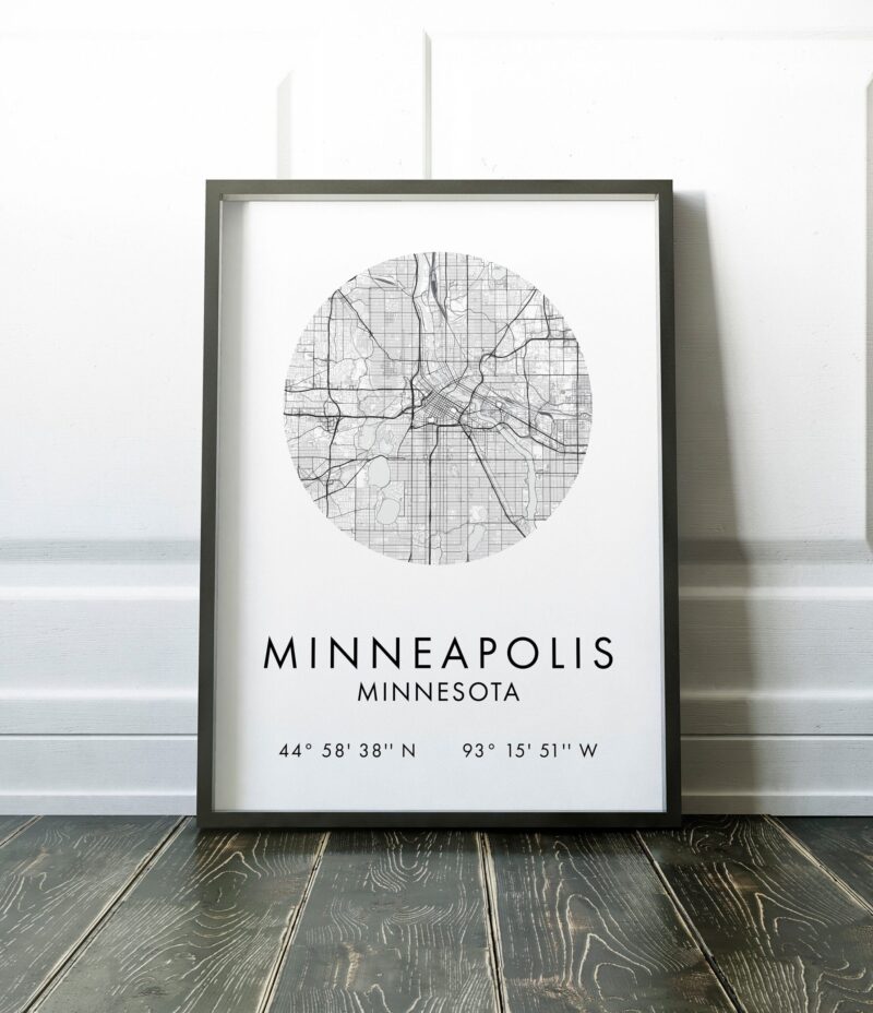 Minneapolis, Minnesota City Street Map with GPS Coordinates Art Print - Office - Home Decor - Restaurant - Apartment - Condo - Typography