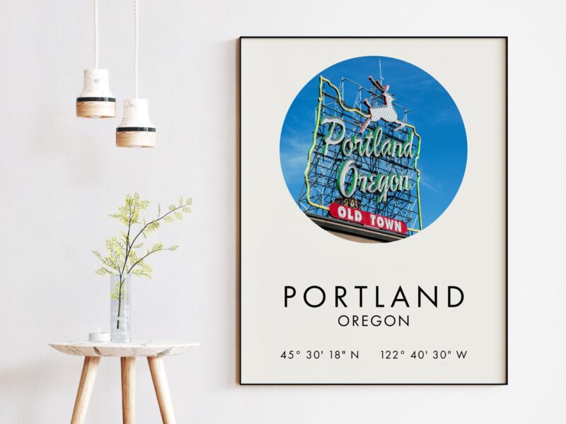 Portland Oregon Print with White Stag Sign and GPS Coordinates - Portland Oregon Wall Art - Portland Oregon Sign - Portland Art Print