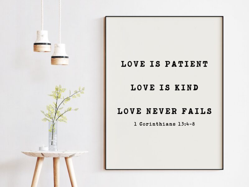 Love Never Fails, Love is Patient, Love is Kind. 1 Corinthians 13:4-8, Bible Verse, Scripture Art, Wedding Quotes Art, Wedding Gift Art