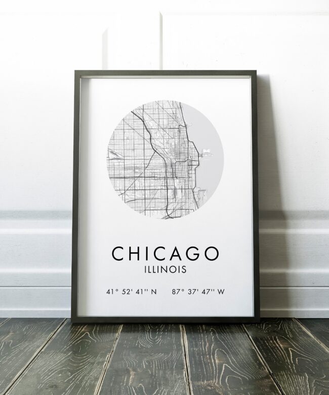 Chicago, Illinois City Street Map with GPS Coordinates Art Print - Office - Home Decor - Restaurant - Apartment - Condo - Typography