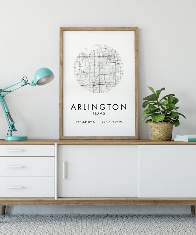 Arlington, Texas City Street Map with GPS Coordinates Art Print - Office - Home Decor - Restaurant - Apartment - Condo - Typography