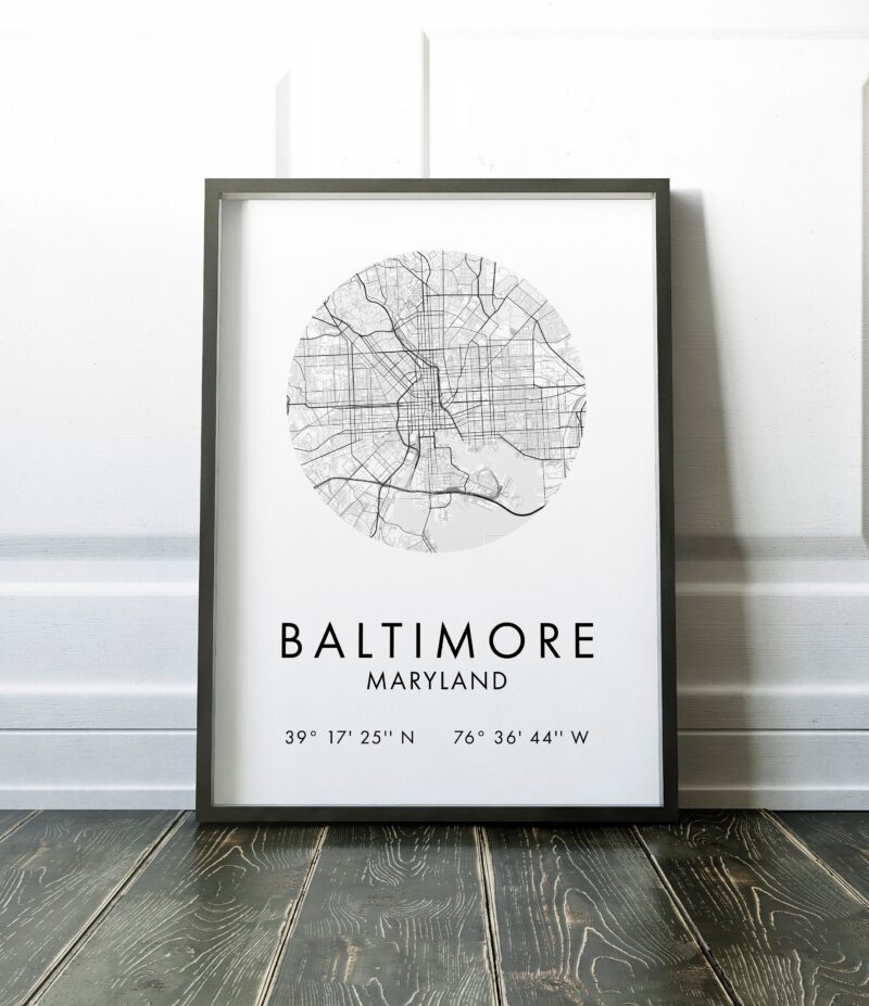 Baltimore, Maryland City Street Map with GPS Coordinates Art Print - Office - Home Decor - Restaurant - Apartment - Condo - Typography