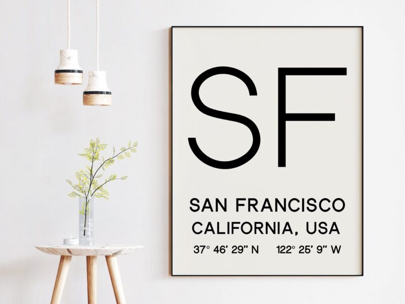 San Francisco, California with GPS Coordinates Typography Art Print - Office - Home Decor - Restaurant - Apartment - Condo