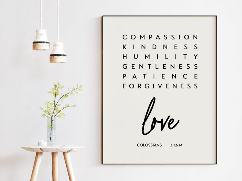 Compassion Kindness Humility Gentleness Colossians 3:12-14 Art Print - Faith Quotes - Religious Scripture - Bible Verse Art