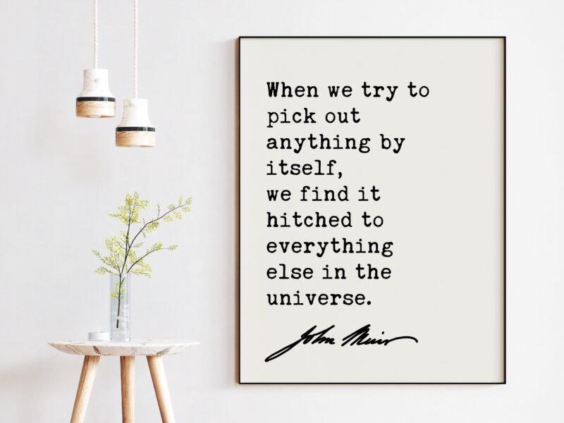 John Muir Quote - When we try to pick out anything by itself, we find it hitched to everything else in the universe. Art Print