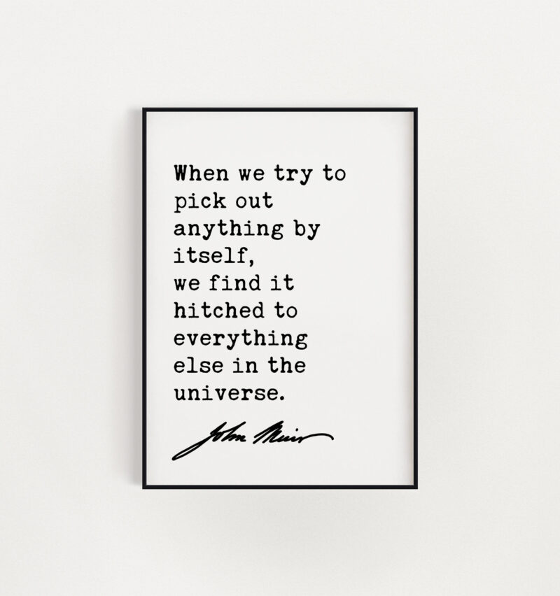 John Muir Quote - When we try to pick out anything by itself, we find it hitched to everything else in the universe. Art Print
