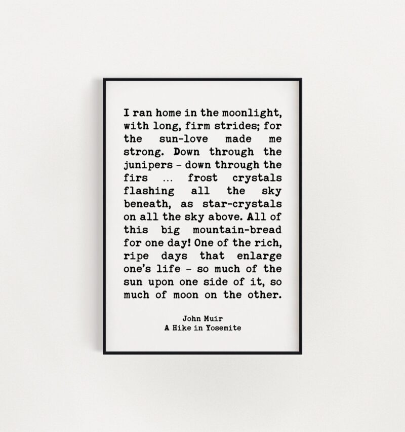 John Muir Quote I ran home in the moonlight, with long, firm strides; for the sun-love made me strong.  Art Print - A Hike in Yosemite - Image 3