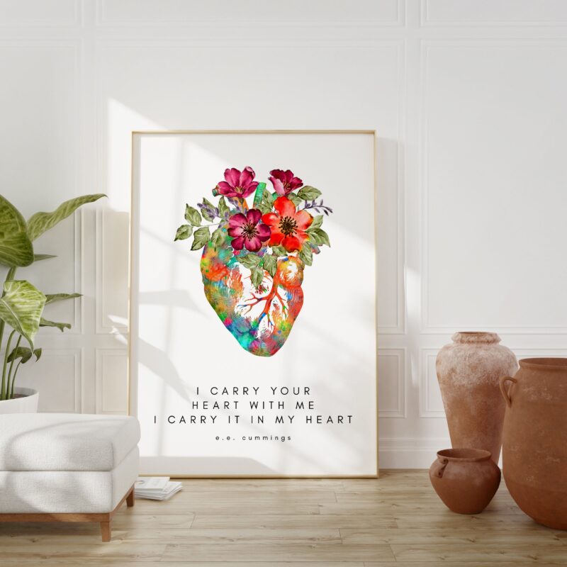 I Carry Your Heart I Carry It In My Heart - E.E. Cummings Poem with Heart Flowers - Typography Print - Wedding Gift - Love Poem - Gift