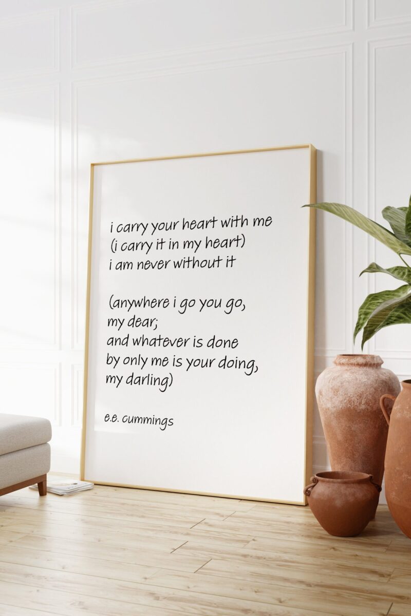 ee cummings Quote - I Carry Your Heart with Me ( I Carry it in My Heart) Art Print- Handwritten Love Poem, Wedding Gift, Quote, Friendship