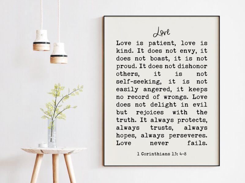 Love is Patient, Love is Kind. Love Never Fails - 1 Corinthians 13:4-8 Art Print / Religious Scripture, Wedding Gift Quote, Bible Verse