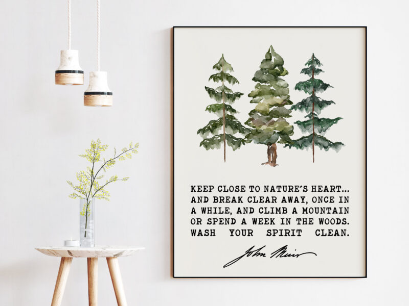 John Muir Quote - Keep close to Nature's heart .. climb a mountain or spend a week in the woods. Art Print - Watercolor Trees - Nature Lover