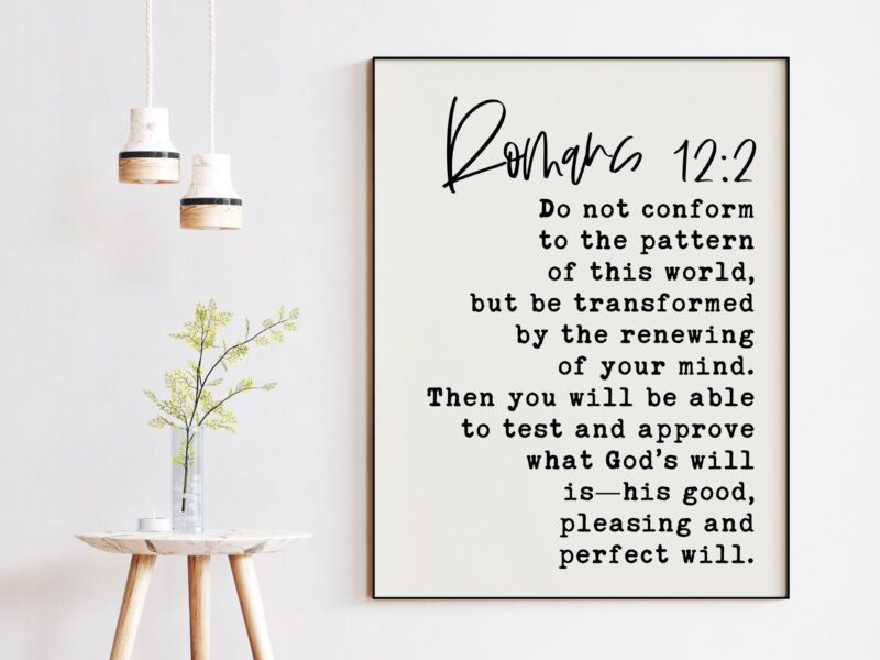 Romans 12 2 Do not conform to the pattern of this world, .. his good, pleasing and perfect will. Typography Art Print - Christian Scripture