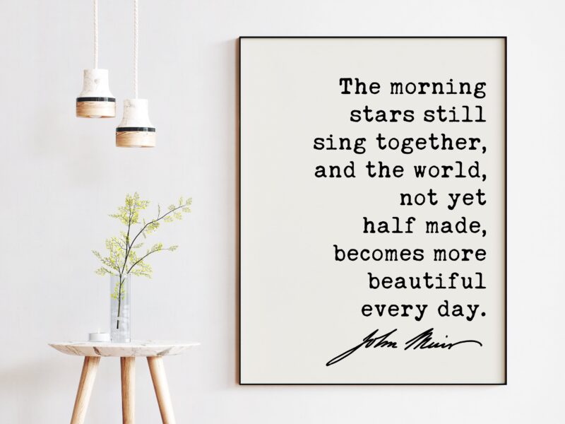 John Muir Quote The morning stars still sing together ... becomes more beautiful every day.  Art Print - Nature - Hiking - Conservation