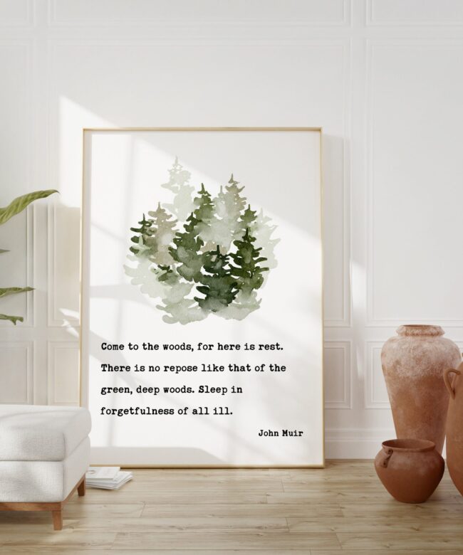 John Muir Quote - Come to the woods, for here is rest. Art Print - Nature Lover - Environment - Outdoors - Hiking