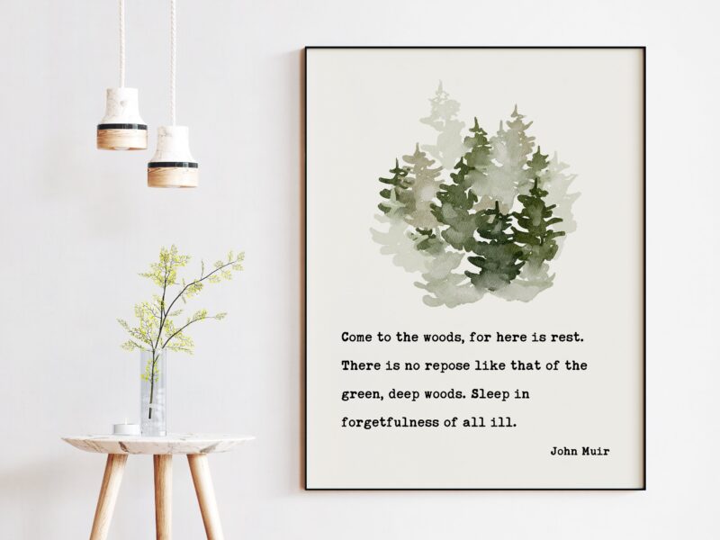 John Muir Quote - Come to the woods, for here is rest. Art Print - Nature Lover - Environment - Outdoors - Hiking