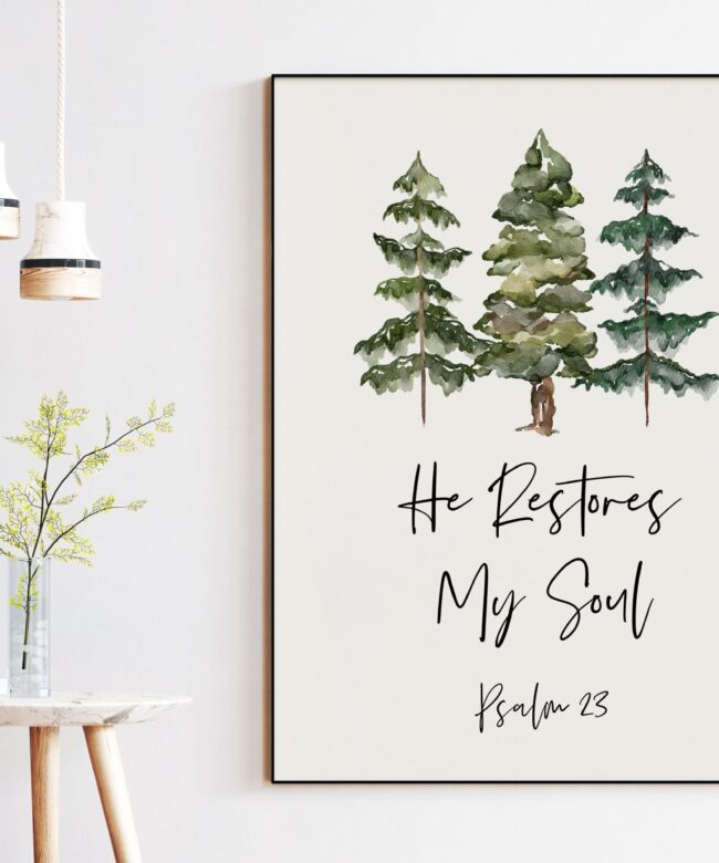 Psalm 23 He Restores My Soul Typography Art Print - Christian - Scripture - Bible Verse - Watercolor Trees - Inspirational