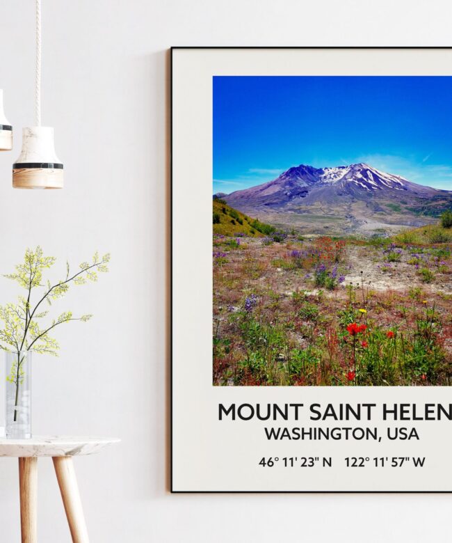Mount Saint Helens Washington USA with GPS Coordinates Art Print - Travel - Hiking - Nature - Wildflowers - Explore - Photography