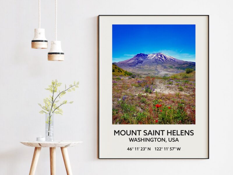 Mount Saint Helens Washington USA with GPS Coordinates Art Print - Travel - Hiking - Nature - Wildflowers - Explore - Photography