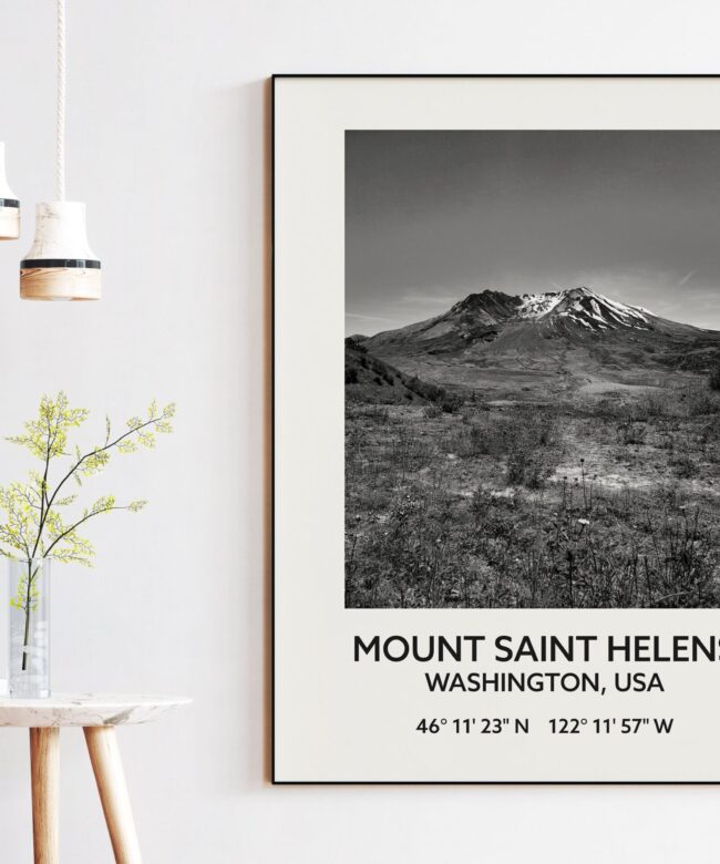 Mount Saint Helens Washington USA with GPS Coordinates Black & White Photography Art Print - Travel - Hiking - Nature - Wildflowers