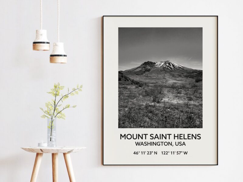 Mount Saint Helens Washington USA with GPS Coordinates Black & White Photography Art Print - Travel - Hiking - Nature - Wildflowers