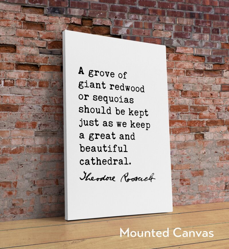 Theodore Roosevelt Quote - A grove of giant redwood or sequoias ... as we keep a great and beautiful cathedral. Art Print - Nature Lover