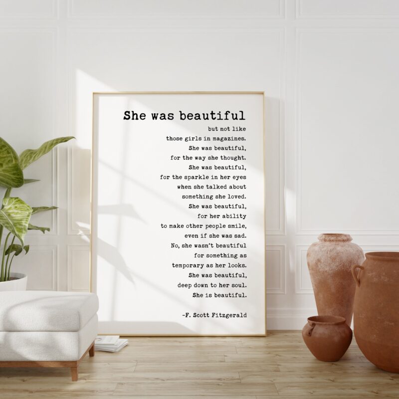 She was beautiful But Not Like Those Girls in Magazines by F. Scott Fitzgerald Quote Typography Print - Wall Decor - Minimalist Decor