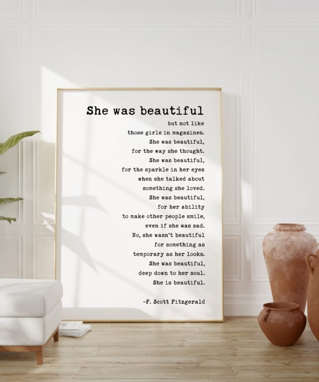 She was beautiful But Not Like Those Girls in Magazines by F. Scott Fitzgerald Quote Typography Print - Wall Decor - Minimalist Decor