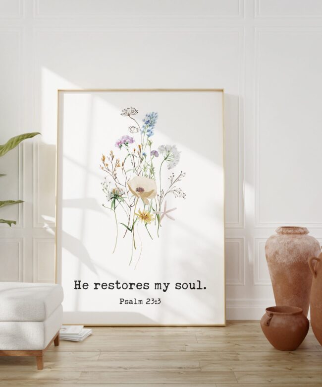 Psalm 23 He Restores My Soul Typography Art Print with Wildflowers - Christian - Scripture - Bible Verse -  Inspirational - Faith