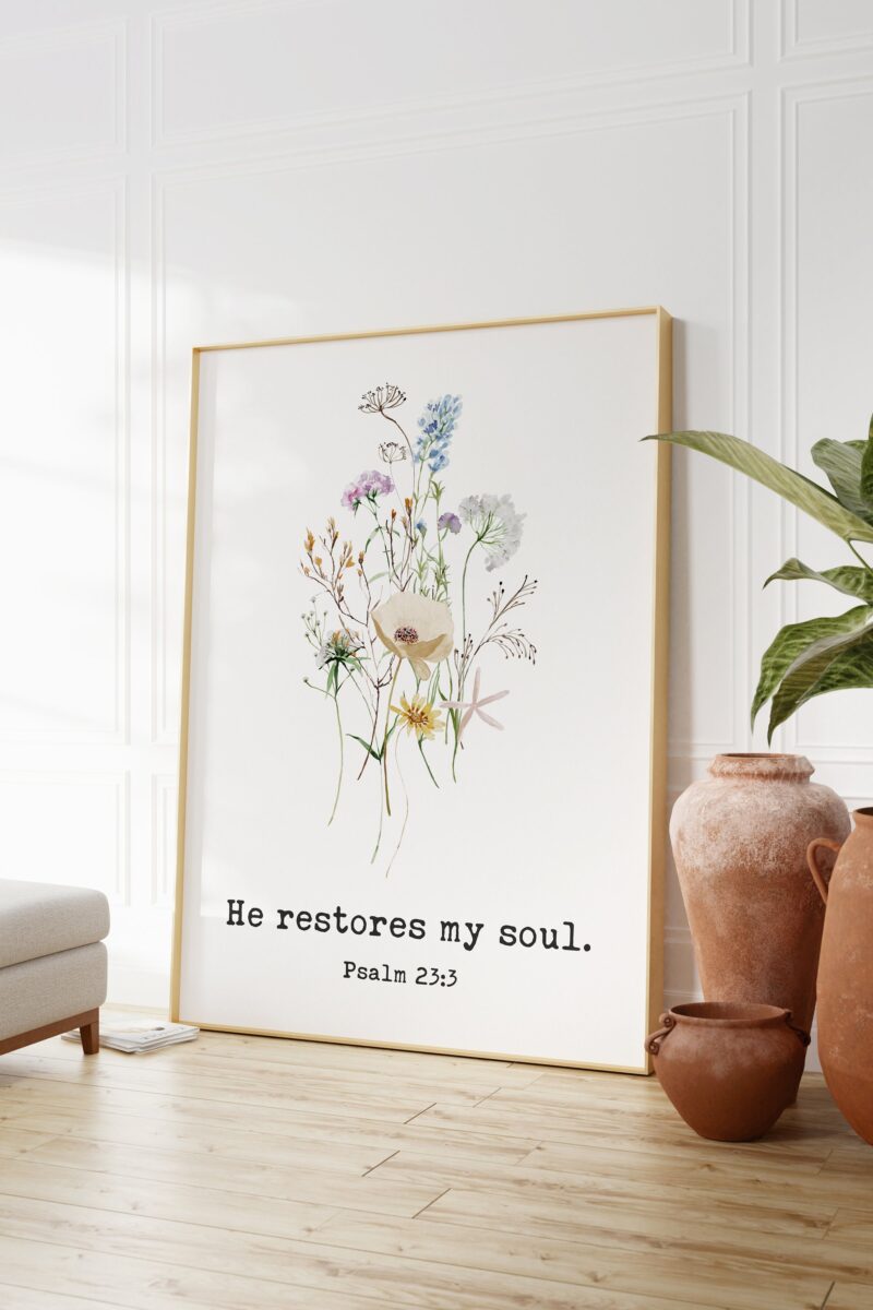 Psalm 23 He Restores My Soul Typography Art Print with Wildflowers - Christian - Scripture - Bible Verse -  Inspirational - Faith