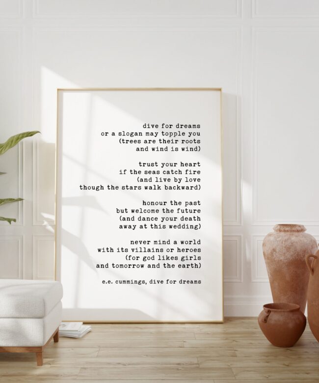 dive for dreams - E.E. Cummings - Typography Print, Inspirational Poetry - Motivational Poem -e.e. cummings poems, ee cummings poetry