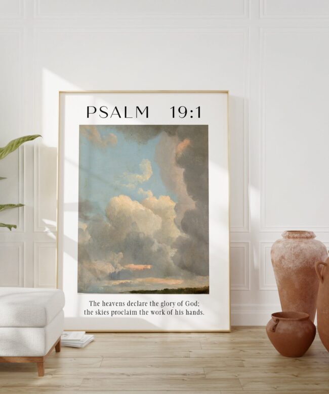 Psalm 19:1 The heavens declare the glory of God. Typography Art Print - Typography - Christian - Scripture - Cloud Study John Constable