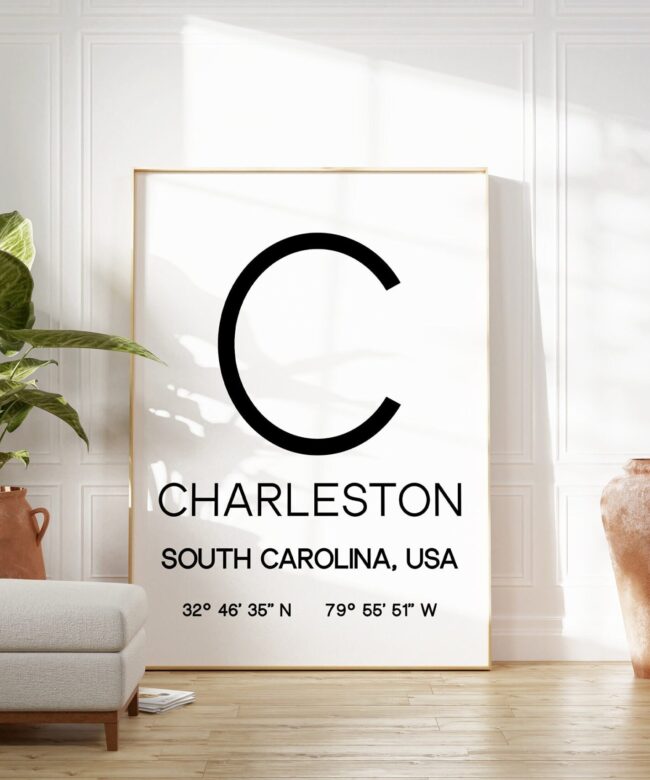 Charleston, South Carolina with GPS Coordinates Typography Art Print - Office - Home Decor - Restaurant - Apartment - Condo - Gift Ideas