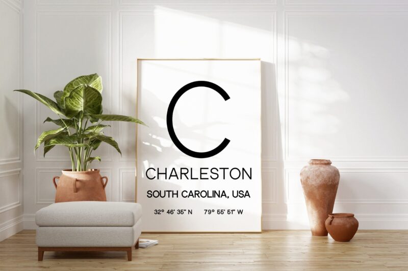 Charleston, South Carolina with GPS Coordinates Typography Art Print - Office - Home Decor - Restaurant - Apartment - Condo - Gift Ideas