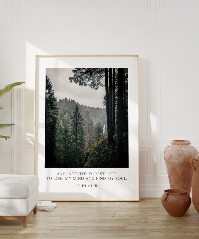 John Muir Quote - And into the forest I go, to lose my mind and find my soul. Art Print - Oregon Evergreen Forest - Silver Falls State Park