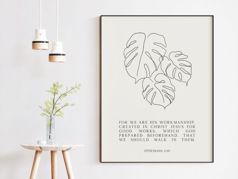 Ephesians 2:10 "For we are his workmanship, created in Christ Jesus for good works,..."  Typography Art Print - Abstract Plant Leafs - BOHO - Image 3