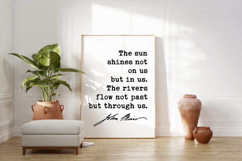 John Muir Quote - The sun shines not on us but in us. The rivers flow not past but through us. Typography Art Print - Nature - Inspiration - Image 3