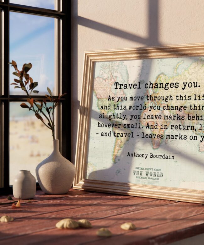 Anthony Bourdain Quote - Travel Changes You Typography Wall Art - With World Map  - Minimalist Wall Decor