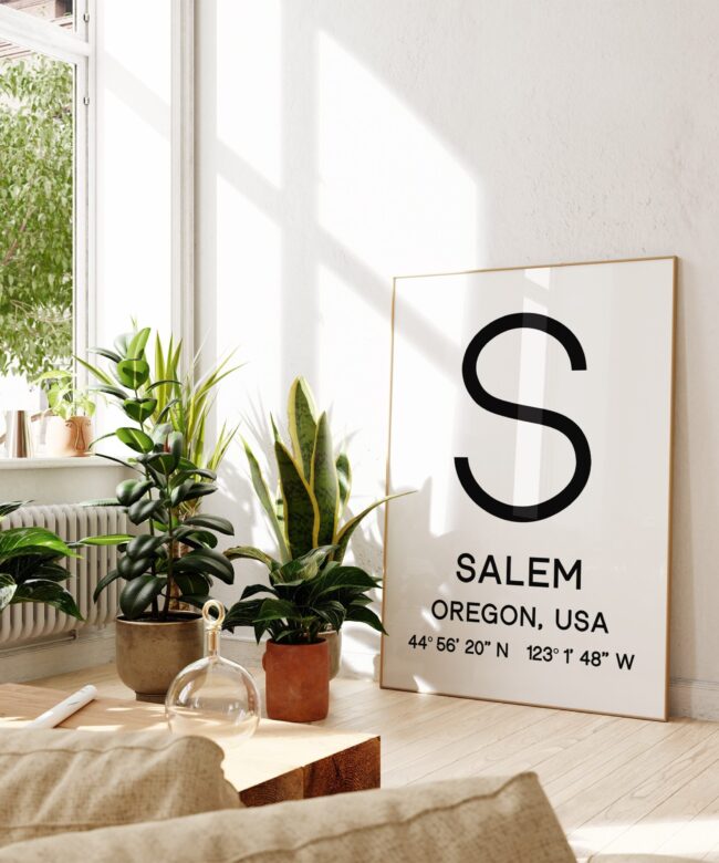 Salem, Oregon with GPS Coordinates Typography Art Print - Travel Home Minimalist Wall Decor - Gift - State Capitol