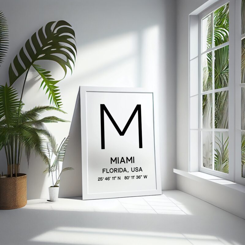 Miami, Florida with GPS Coordinates Typography Art Print - Travel Home Wall Decor
