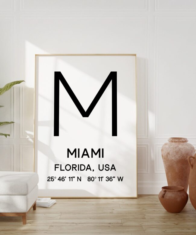 Miami, Florida with GPS Coordinates Typography Art Print - Travel Home Wall Decor