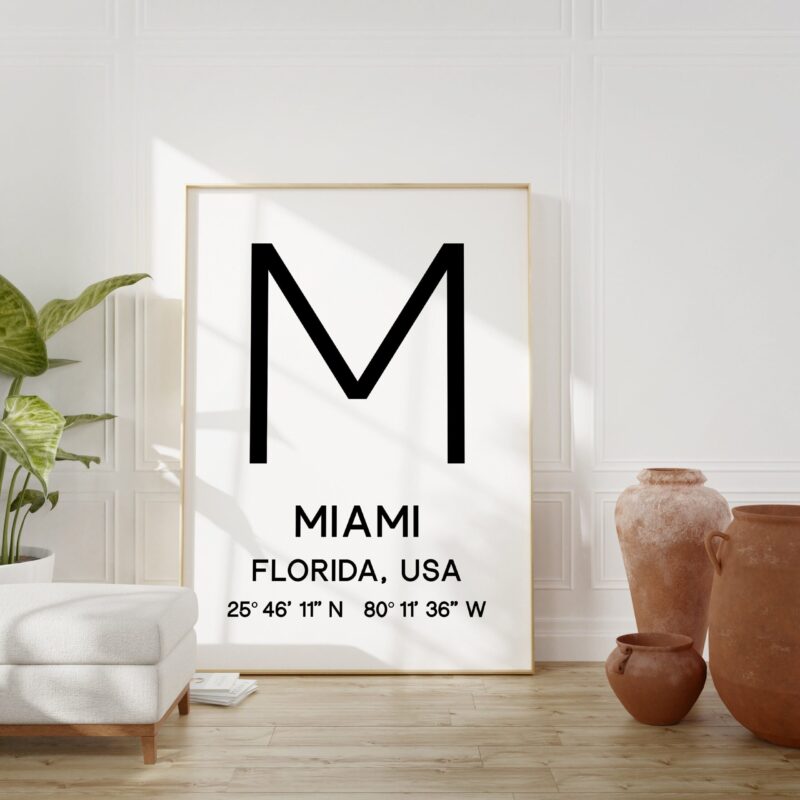 Miami, Florida with GPS Coordinates Typography Art Print - Travel Home Wall Decor