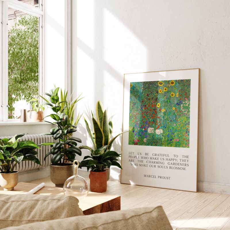 Marcel Proust Quote - Let us be grateful to the people who make us happy ...  -  Typography Art with Gustav Klimt's Farm Garden Sunflowers