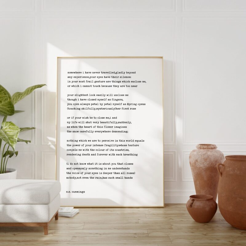 somewhere i have never travelled,gladly beyond – e.e. cummings Poem Typography Art Print - Poetry Lover - Inspirational - Minimalist