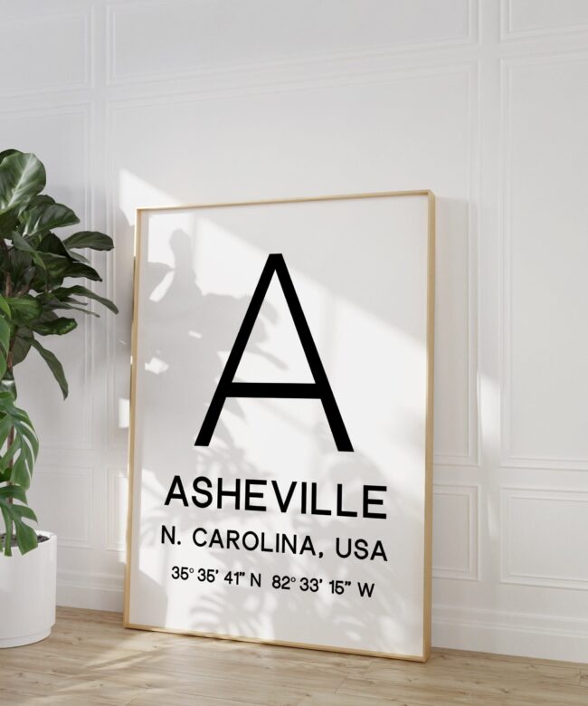 Asheville North Carolina with GPS Coordinates Typography Minimalist Art Print