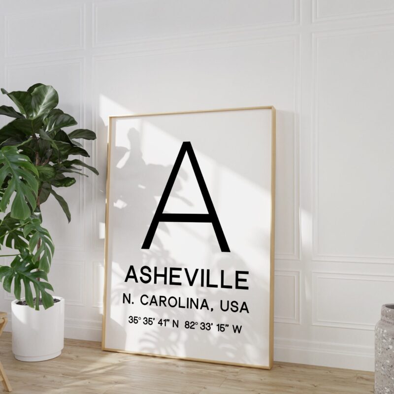 Asheville North Carolina with GPS Coordinates Typography Minimalist Art Print