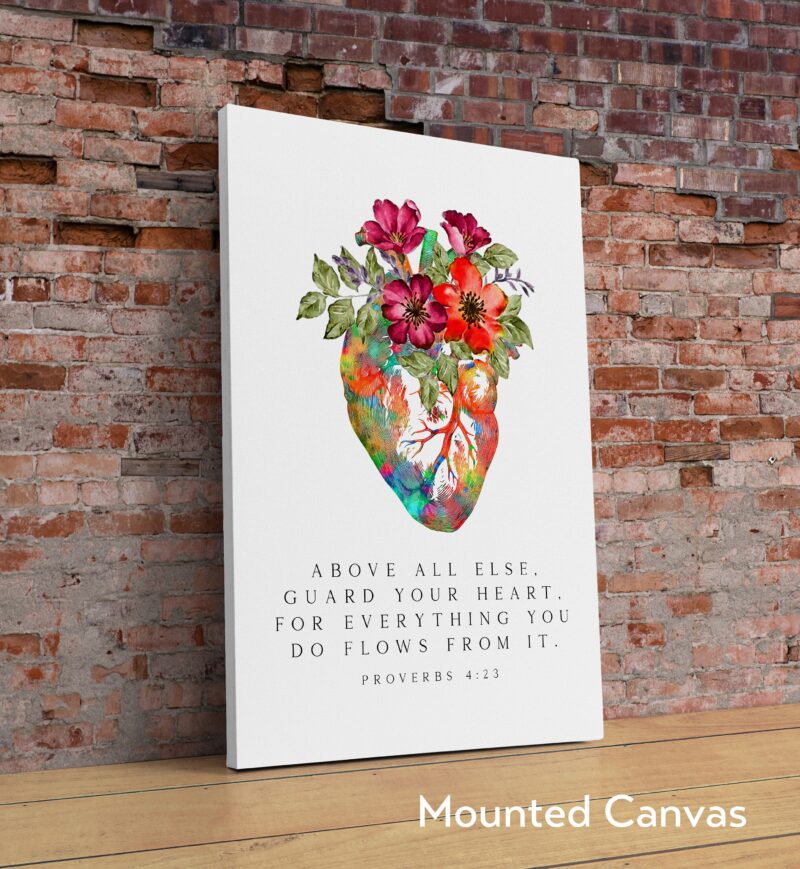 Proverbs 4:23 - Above all else, guard your heart, for everything you do flows from it. Typography Art Print with Heart Flowers