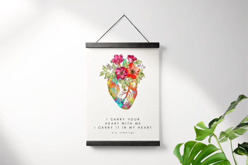I Carry Your Heart I Carry It In My Heart - E.E. Cummings - Heart Flowers - Canvas Hanger Art Print - Wedding Gift - Love Poem - Gift
