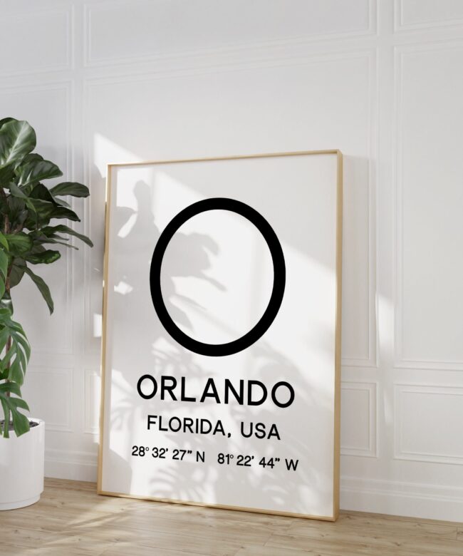 Orlando Florida with GPS Coordinates Typography Minimalist Art Print - Travel Home Decor