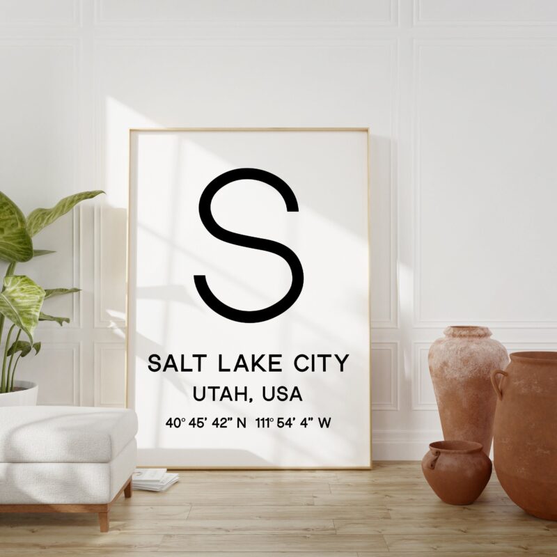 Salt Lake City Utah with GPS Coordinates Typography Minimalist Art Print - Travel Home Decor